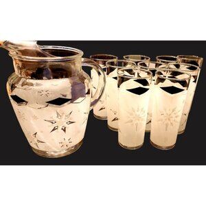 Mid Century Atomic  Anchor Hocking Mid Century Glass Pitcher& 9 Glasses MINT